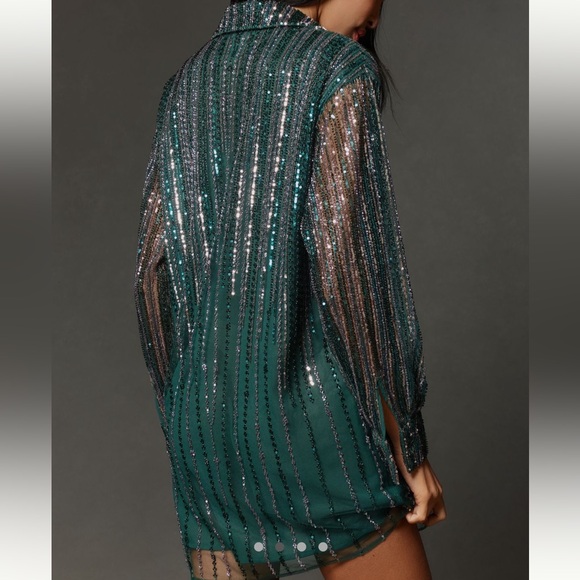 NWT green Sequin Stripe Mini Shirt Dress - Picture 3 of 12